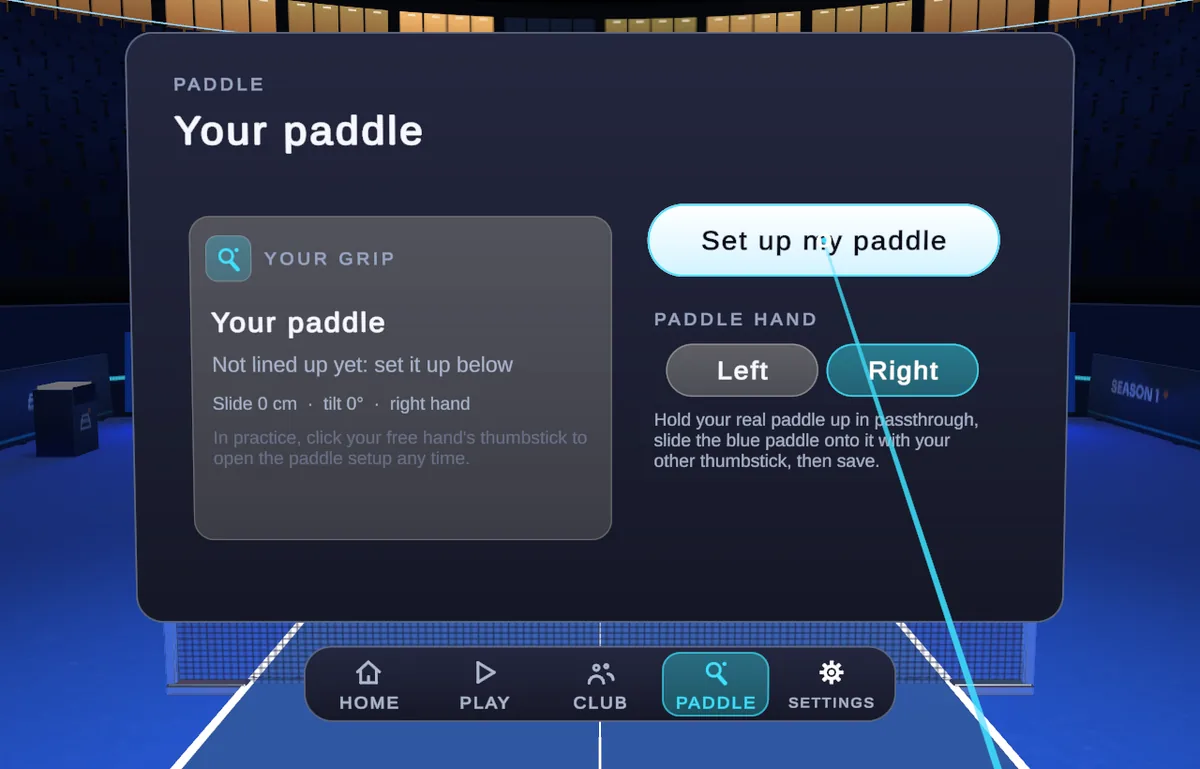 The Your paddle menu with a Set up my paddle button and a choice of left or right paddle hand.